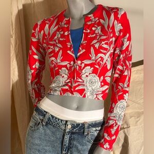 Alice + Olivia Red and Silver Floral Cardigan
